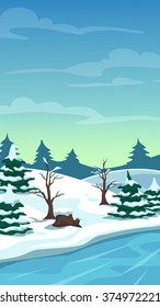 Cartoon winter landscape, vertical size for mobile phone screen