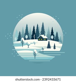 Cartoon winter landscape with a wooden cabin standing by the tall pine forest. Round frame. Minimalist vector illustation