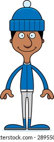 A cartoon winter man smiling.