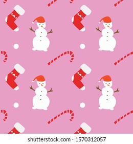 Cartoon winter Merry Christmas and Happy New Year pattern illustration  with cute snowman. Fun flat design. New year.  Fabric and wrapping paper design. Vector Eps. 8