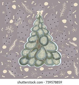 Cartoon Winter Merry Christmas Tree with funny doodles. Vector Illustration
