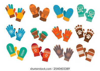 Cartoon winter mittens. Gloves pairs. Woolen hand wear. Cold season patterner accessories. Knitted fashion. Garment ornaments. Arm soft wooly mitts. Clothing elements