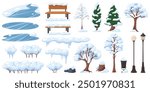 Cartoon winter nature elements. Snowy trees and bushes. Water lake ice. Lanterns and benches with snowdrifts. City parks. Snow with icicles. Frozen pond and puddles