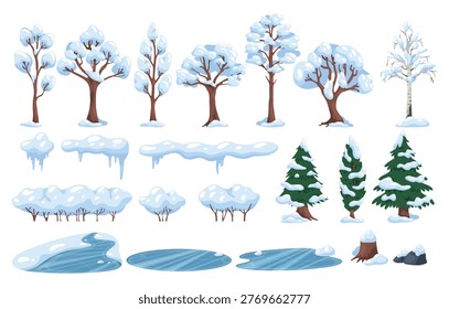 Cartoon winter nature elements. Snowy trees and bushes. Water lake ice. Shrubs with snowdrifts. Bare branches. Wild forest. Snow with icicles. Frozen pond and puddles. Cold season. Recent vector set