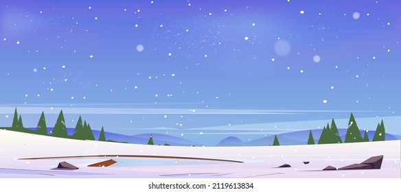 Cartoon winter nature landscape frozen pond or lake on field covered with snow. Scenery view with falling snowflakes, rocks and fir-trees. Tranquil christmas panoramic background, Vector illustration