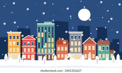 Cartoon winter night townscape vector illustration. Winter city landscape with colorful houses, buildings, trees, and snowflakes. Suitable for cover design, templates, banners, web, and pages