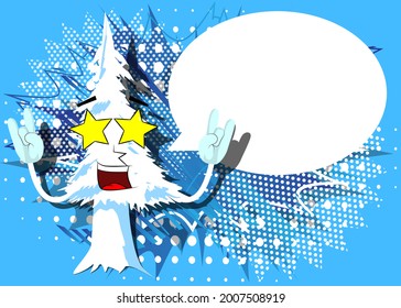 Dibujo de pinos de invierno con caras con manos en balancín posan. Árboles de bosque. Carácter de pino blanco, divertida ilustración vectorial de vacaciones.