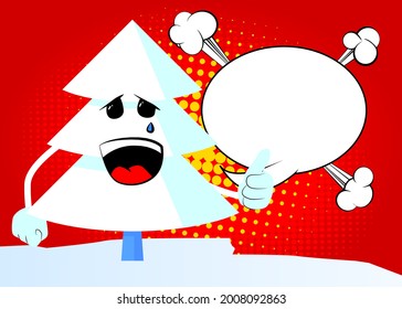 Cartoon winter pine trees with faces making thumbs up sign. Cute forest trees. Snow on pine cartoon character, funny holiday vector illustration.