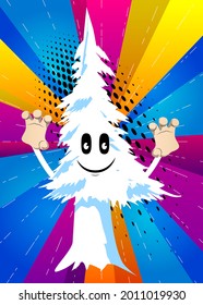 Cartoon winter pine trees with faces is trying to scare you. Cute forest trees. Snow on pine cartoon character, funny holiday vector illustration.