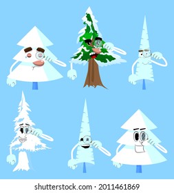 Cartoon winter pine trees with faces holding a magnifying glass. Cute forest trees. Snow on pine cartoon character, funny holiday vector illustration.