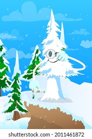 Cartoon winter pine trees with faces holding a magnifying glass. Cute forest trees. Snow on pine cartoon character, funny holiday vector illustration.
