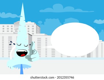Cartoon winter pine trees with faces pointing at the viewer with his hand. Cute forest trees. Snow on pine cartoon character, funny holiday vector illustration.