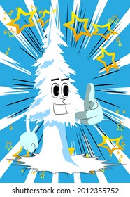Cartoon winter pine trees with faces pointing at the viewer with his hand. Cute forest trees. Snow on pine cartoon character, funny holiday vector illustration.