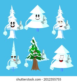 Cartoon winter pine trees with faces pointing at the viewer with his hand. Cute forest trees. Snow on pine cartoon character, funny holiday vector illustration.