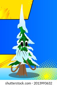 Cartoon winter pine trees with faces with hands over mouth. Cute forest trees. Snow on pine cartoon character, funny holiday vector illustration.