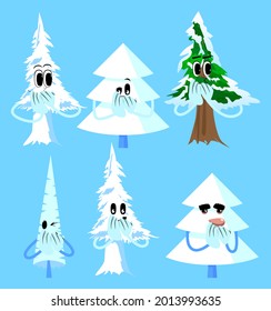 Cartoon winter pine trees with faces with hands over mouth. Cute forest trees. Snow on pine cartoon character, funny holiday vector illustration.
