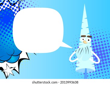 Cartoon winter pine trees with faces with hands over mouth. Cute forest trees. Snow on pine cartoon character, funny holiday vector illustration.