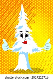 Cartoon winter pine trees with faces making thumbs up sign with two hands. Cute forest trees. Snow on pine cartoon character, funny holiday vector illustration.