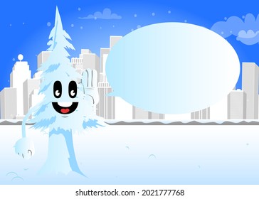 Cartoon winter pine trees with faces holds hand at his ear, listening. Cute forest trees. Snow on pine cartoon character, funny holiday vector illustration.