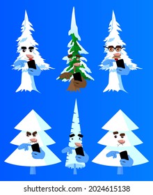 Cartoon Winterkiefern mit Gesichtern mit einem Handy. Laute Waldbäume. Schnee auf Kiefernkarikaturencharakter, lustige UrlaubskVektorgrafik.