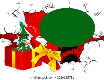 Cartoon winter pine trees with faces in a gift box. Cute forest trees. Snow on pine cartoon character, funny holiday vector illustration.