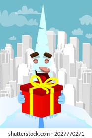 Cartoon winter pine trees with faces holding big gift box. Cute forest trees. Snow on pine cartoon character, funny holiday vector illustration.