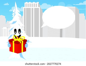 Cartoon winter pine trees with faces holding big gift box. Cute forest trees. Snow on pine cartoon character, funny holiday vector illustration.