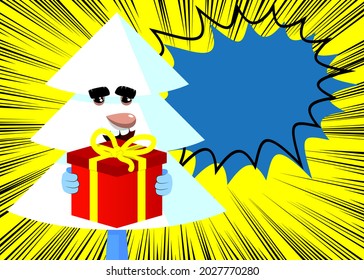 Cartoon winter pine trees with faces holding big gift box. Cute forest trees. Snow on pine cartoon character, funny holiday vector illustration.