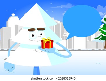 Cartoon winter pine trees with faces holding small gift box. Cute forest trees. Snow on pine cartoon character, funny holiday vector illustration.