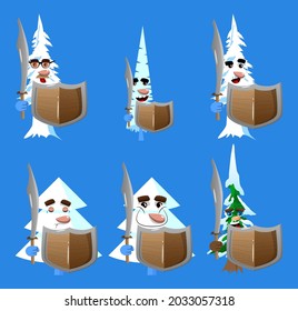 Cartoon Winter Pine Trees With Faces Holding A Sword And Shield. Cute Forest Trees. Snow On Pine Cartoon Character, Funny Holiday Vector Illustration.