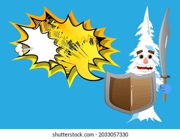 Cañones de invierno de dibujos animados con caras sosteniendo una espada y un escudo. Árboles de bosque. Nieve sobre personaje de dibujos animados de pino, divertida ilustración vectorial de vacaciones.