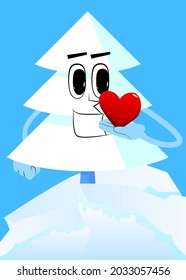 Cartoon winter pine trees with faces holding red heart in his hand. Cute forest trees. Snow on pine cartoon character, funny holiday vector illustration.