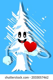 Cartoon winter pine trees with faces holding red heart in his hand. Cute forest trees. Snow on pine cartoon character, funny holiday vector illustration.