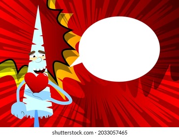 Cartoon winter pine trees with faces holding red heart in his hand. Cute forest trees. Snow on pine cartoon character, funny holiday vector illustration.