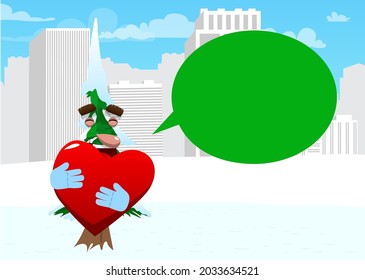 Cartoon winter pine trees with faces hugging big red heart. Cute forest trees. Snow on pine cartoon character, funny holiday vector illustration.