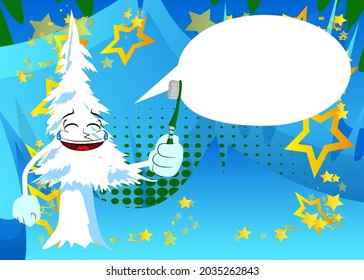 Cartoon winter pine trees with faces holding toothbrush. Cute forest trees. Snow on pine cartoon character, funny holiday vector illustration.