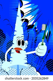 Cartoon winter pine trees with faces holding toothbrush. Cute forest trees. Snow on pine cartoon character, funny holiday vector illustration.