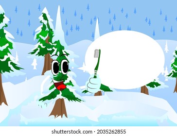 Cartoon winter pine trees with faces holding toothbrush. Cute forest trees. Snow on pine cartoon character, funny holiday vector illustration.