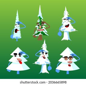 Cartoon winter pine trees with faces confused. Cute forest trees. Snow on pine cartoon character, funny holiday vector illustration.