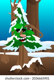 Cartoon winter pine trees with faces confused. Cute forest trees. Snow on pine cartoon character, funny holiday vector illustration.