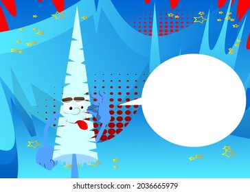 Pinos de invierno de caricatura con caras que muestran buena señal. Árboles de bosque. Nieve sobre personaje de dibujos animados de pino, divertida ilustración vectorial de vacaciones.