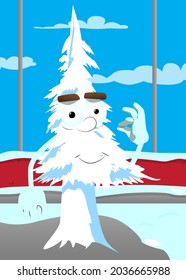 Cartoon winter pine trees with faces showing ok sign. Cute forest trees. Snow on pine cartoon character, funny holiday vector illustration.