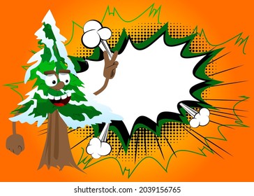 Cartoon winter pine trees with faces showing the V sign, peace hand gesture. Cute forest trees. Snow on pine cartoon character, funny holiday vector illustration.
