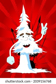 Cartoon winter pine trees with faces showing the V sign, peace hand gesture. Cute forest trees. Snow on pine cartoon character, funny holiday vector illustration.