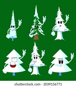 Cartoon winter pine trees with faces showing the V sign, peace hand gesture. Cute forest trees. Snow on pine cartoon character, funny holiday vector illustration.