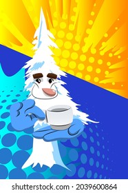 Cartoon winter pine trees with faces holding a cup of coffee. Cute forest trees. Snow on pine cartoon character, funny holiday vector illustration.
