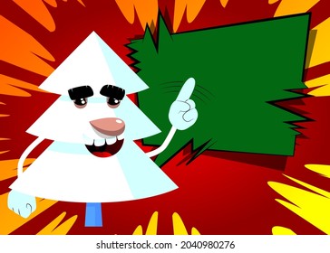 Cartoon winter pine trees with faces saying no with his finger. Cute forest trees. Snow on pine cartoon character, funny holiday vector illustration.