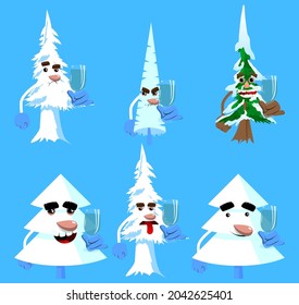 Pinares de invierno con rostros y un vaso de agua. Árboles de bosque. Nieve sobre personaje de dibujos animados de pino, divertida ilustración vectorial de vacaciones.