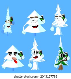 Cartoon winter pine trees with faces talking on cell phone. Cute forest trees. Snow on pine cartoon character, funny holiday vector illustration.