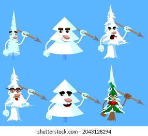 Cartoon Winter Pine Trees With Faces Holding Spear In His Hand. Cute Forest Trees. Snow On Pine Cartoon Character, Funny Holiday Vector Illustration.